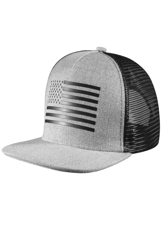 UALON Baseball Cap, Snapback Trucker Hat for Men & Women with American Flag and Adjustable, Breathable Mesh, Flat Bill Hats Gray/Black - Image 1